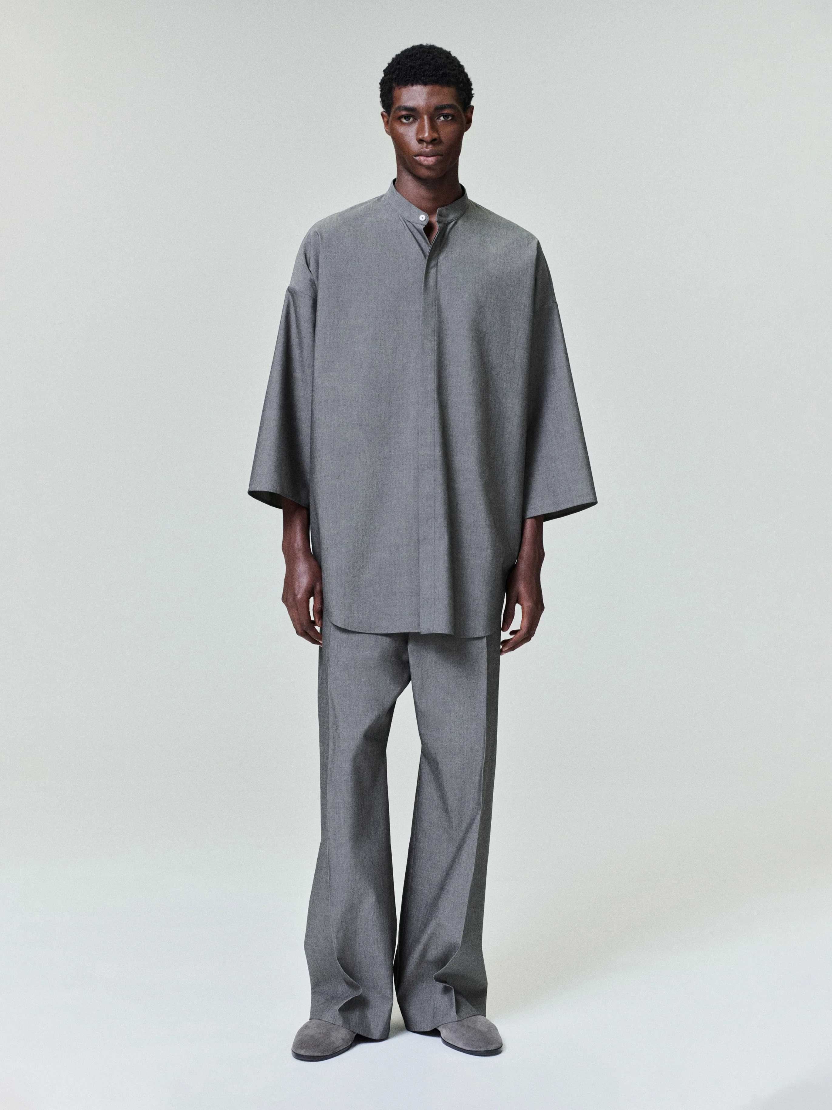 Cotton Wool Oxford Mandarin Relaxed Short Sleeve Shirt