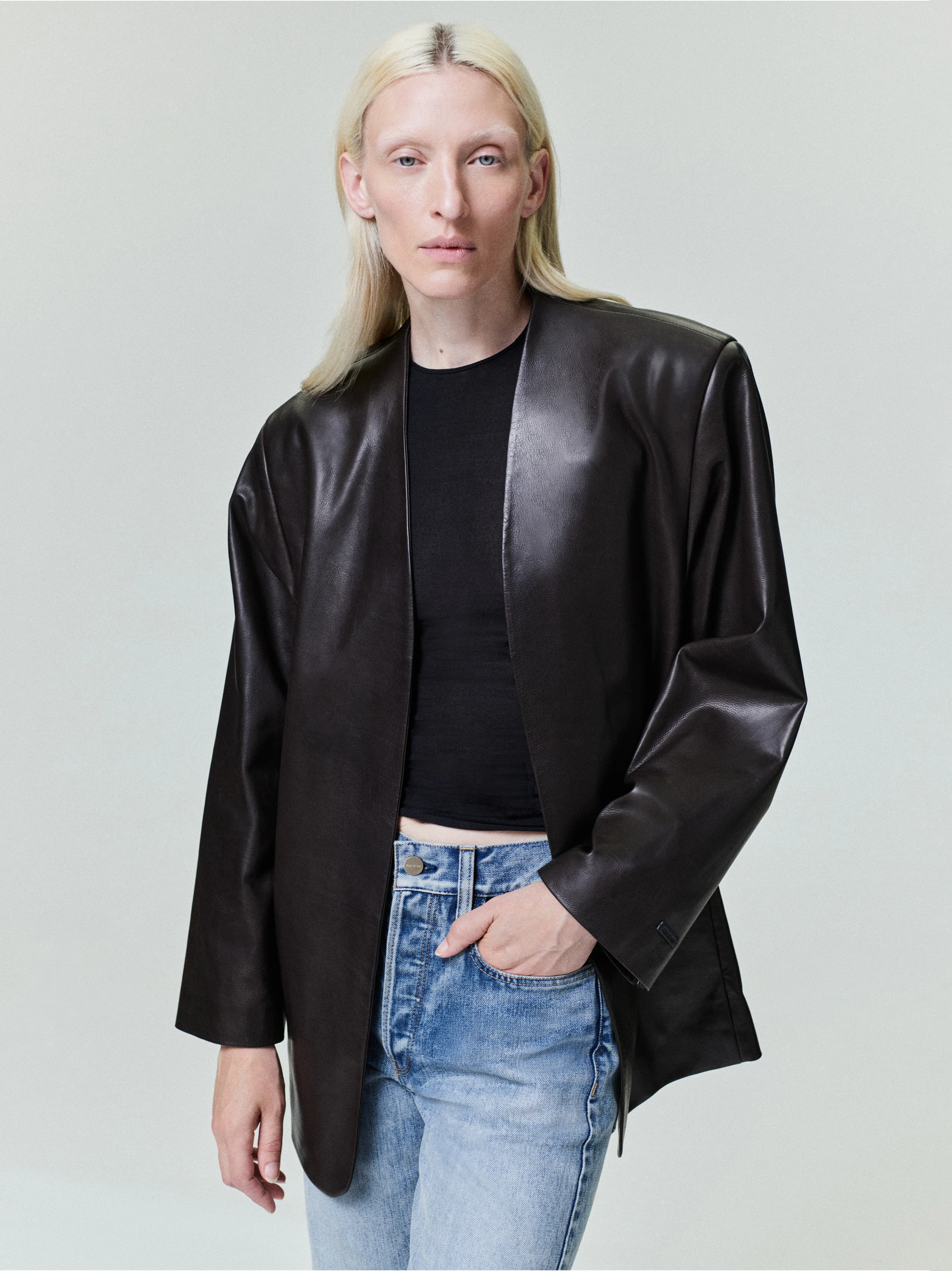 Womens Leather Collarless Jacket
