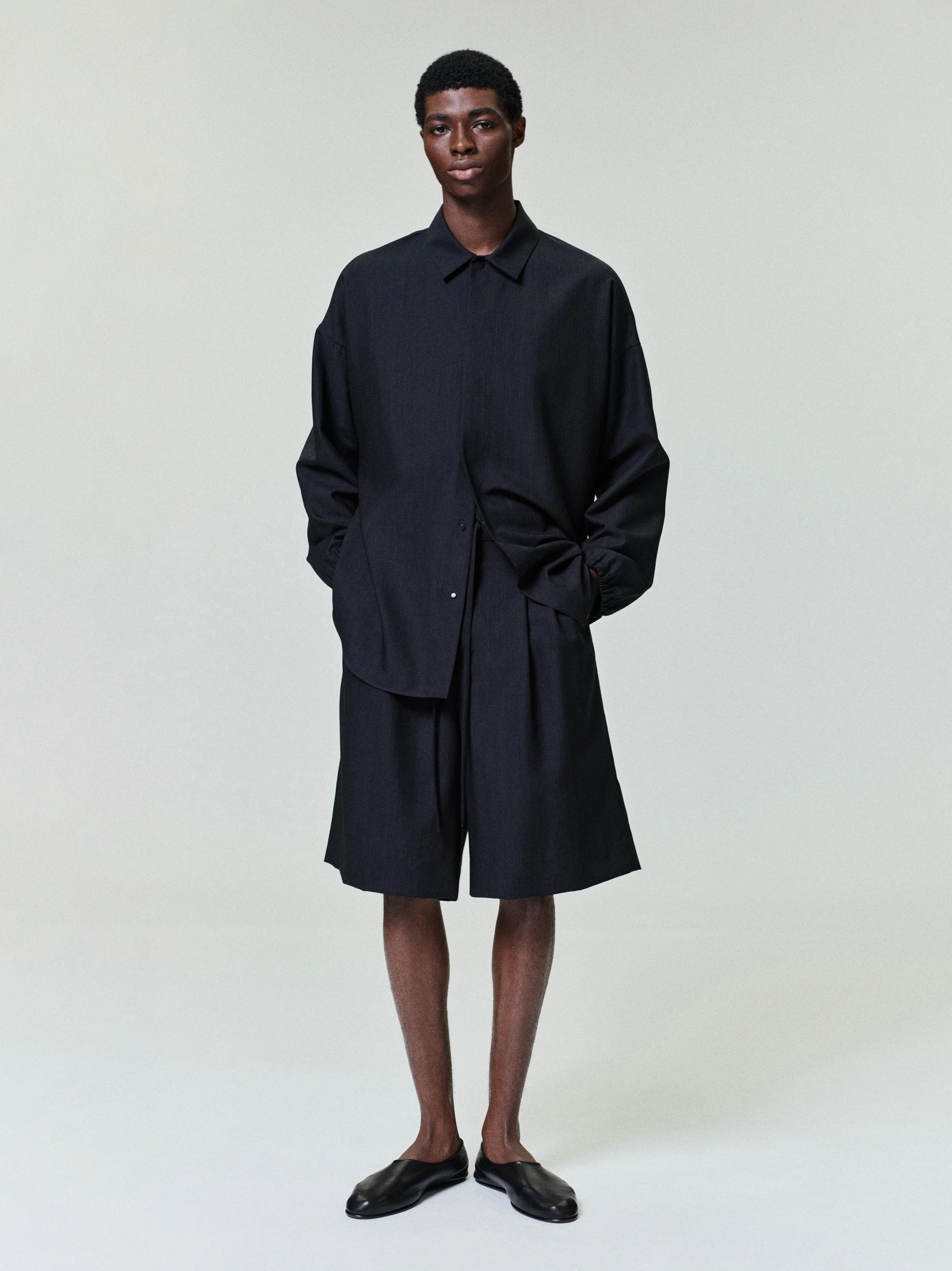Black Striped Wool Elastic Cuff Shirt