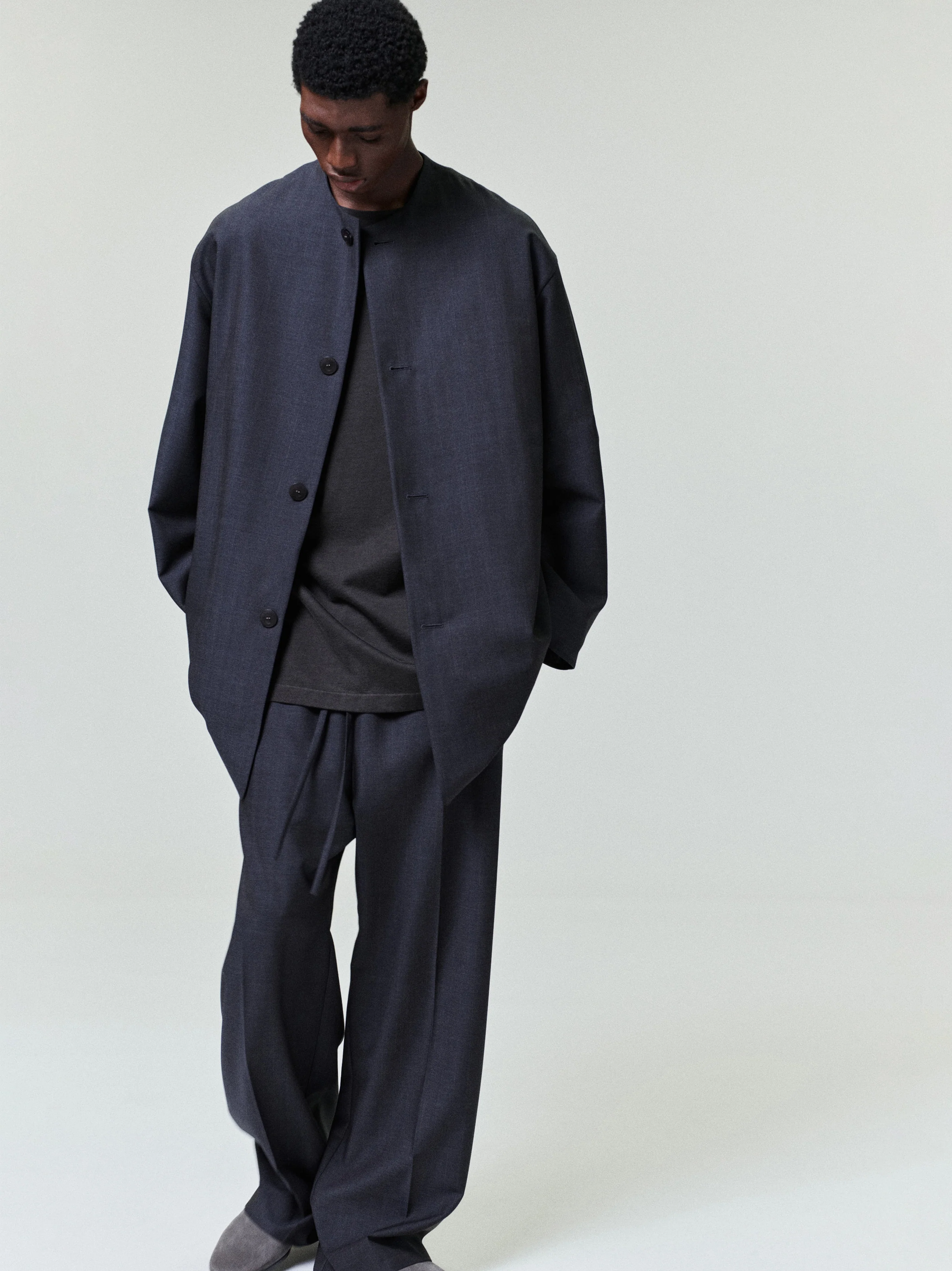 Grey Striped Wool Collarless Sport Jacket