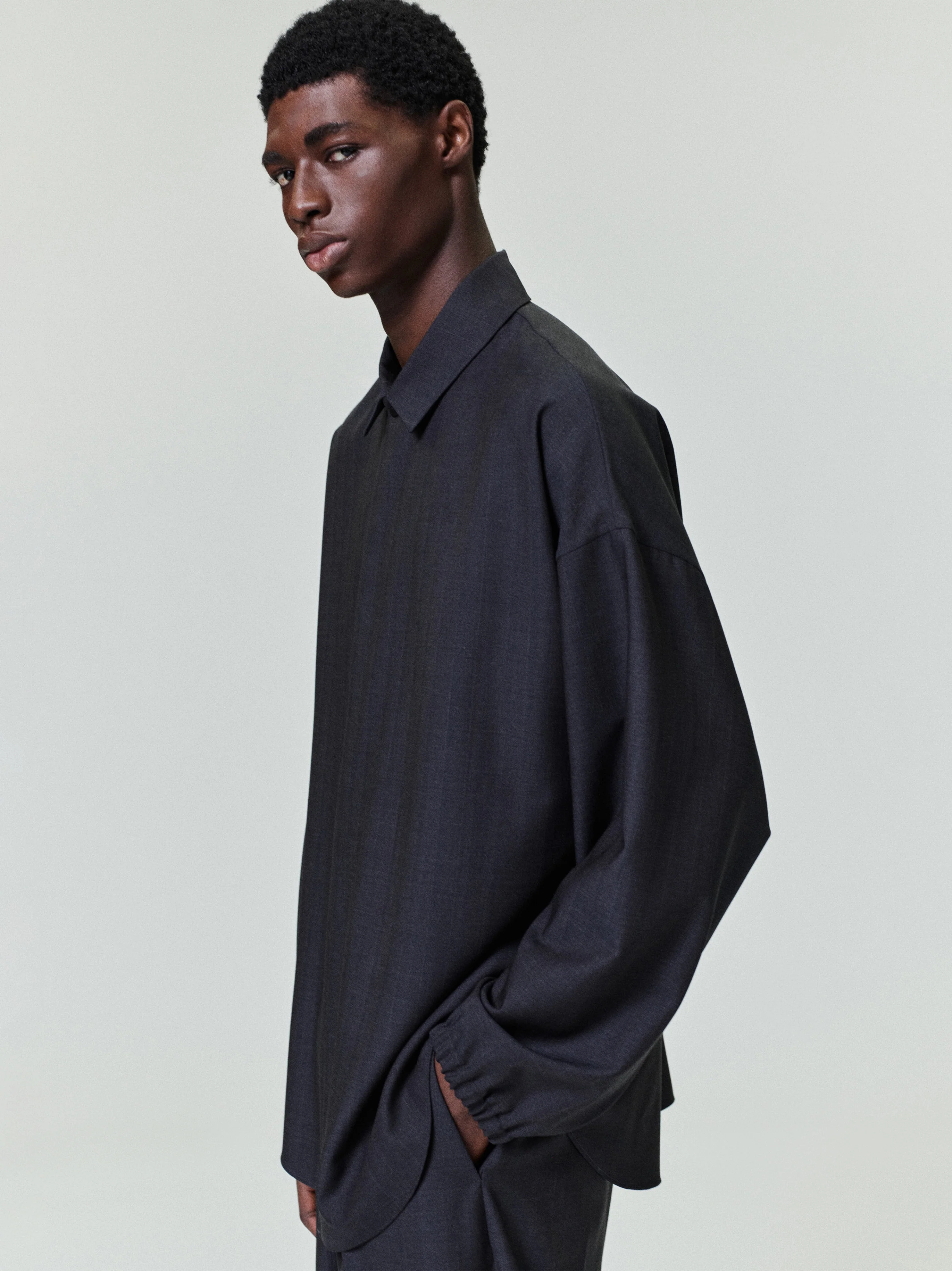 Grey Striped Wool Elastic Cuff Shirt